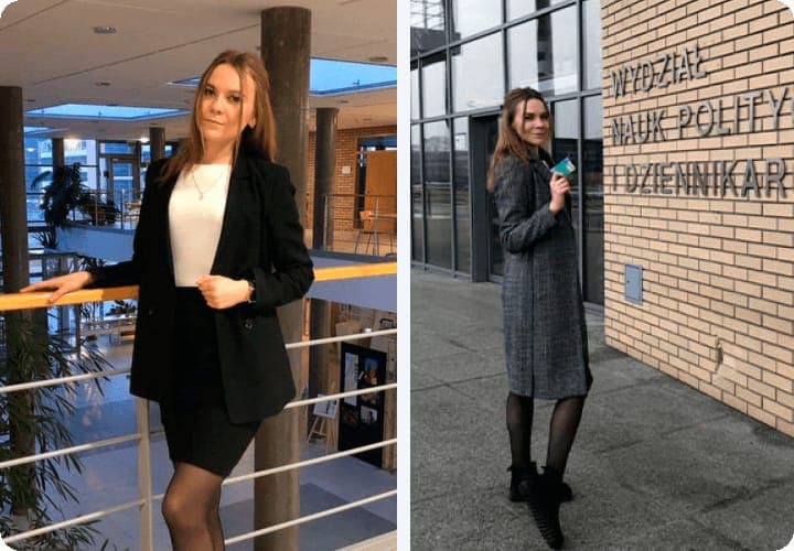 Полина: портрет и у входа в Wydział Nauk Politycznych i Dziennikarstwa